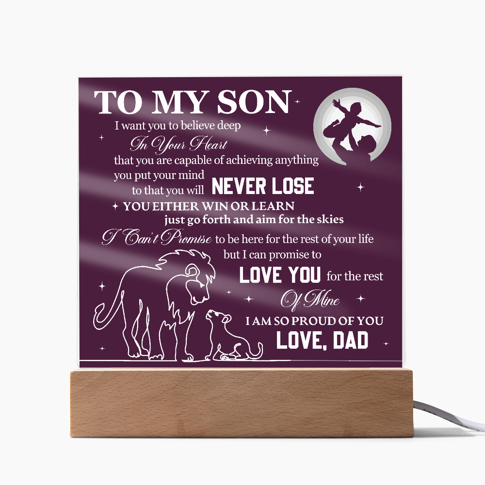 To My Son Printed Acrylic Plaque with LED Base – Birthday, Graduation, Holiday Gift