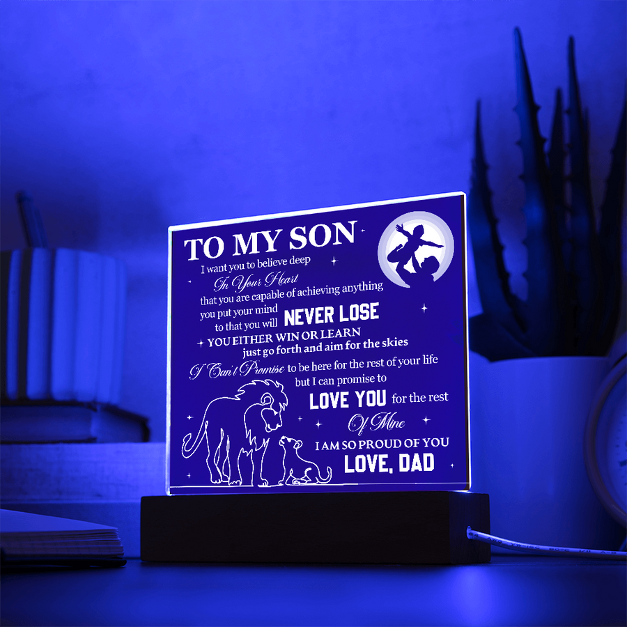 To My Son Printed Acrylic Plaque with LED Base – Birthday, Graduation, Holiday Gift