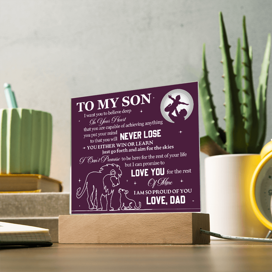 To My Son Printed Acrylic Plaque with LED Base – Birthday, Graduation, Holiday Gift