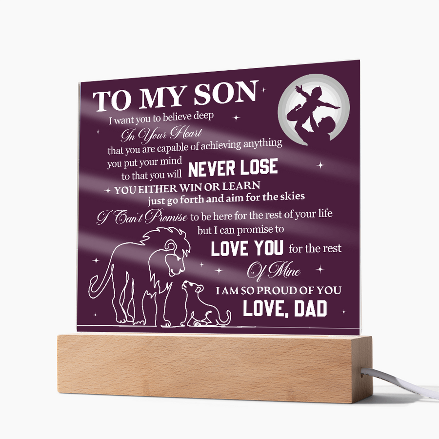 To My Son Printed Acrylic Plaque with LED Base – Birthday, Graduation, Holiday Gift