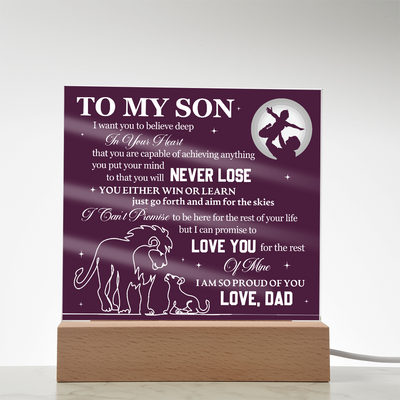 Load image into Gallery viewer, To My Son Printed Acrylic Plaque with LED Base – Birthday, Graduation, Holiday Gift

