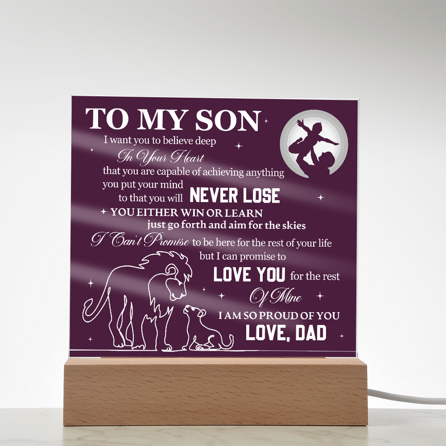 To My Son Printed Acrylic Plaque with LED Base – Birthday, Graduation, Holiday Gift
