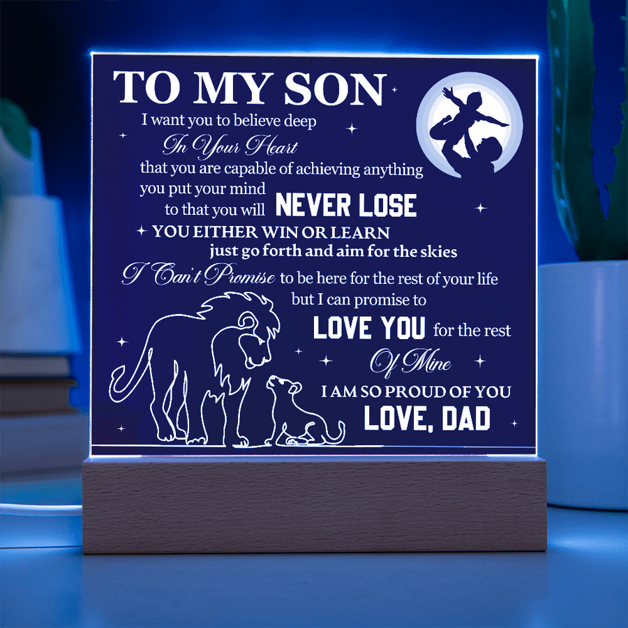 To My Son Printed Acrylic Plaque with LED Base – Birthday, Graduation, Holiday Gift
