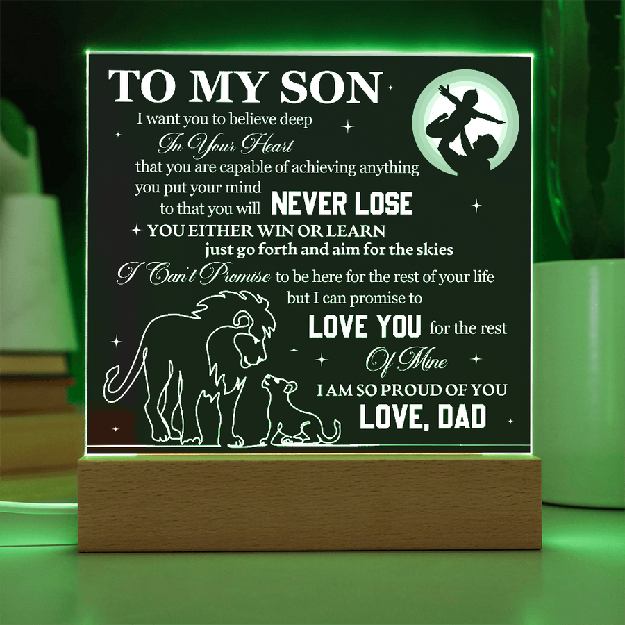 To My Son Printed Acrylic Plaque with LED Base – Birthday, Graduation, Holiday Gift