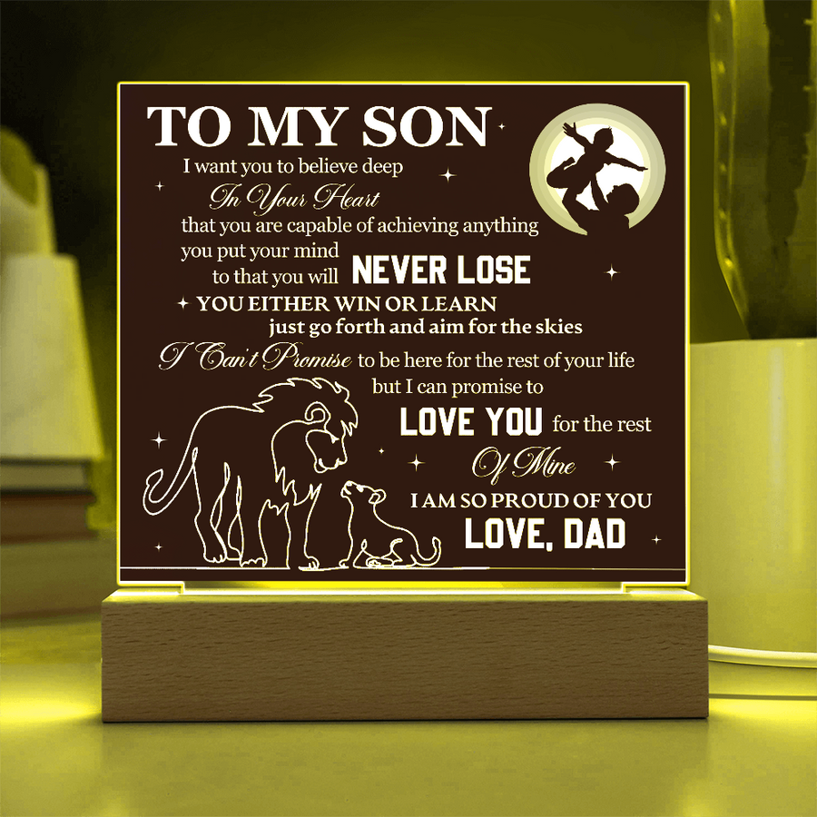 To My Son Printed Acrylic Plaque with LED Base – Birthday, Graduation, Holiday Gift