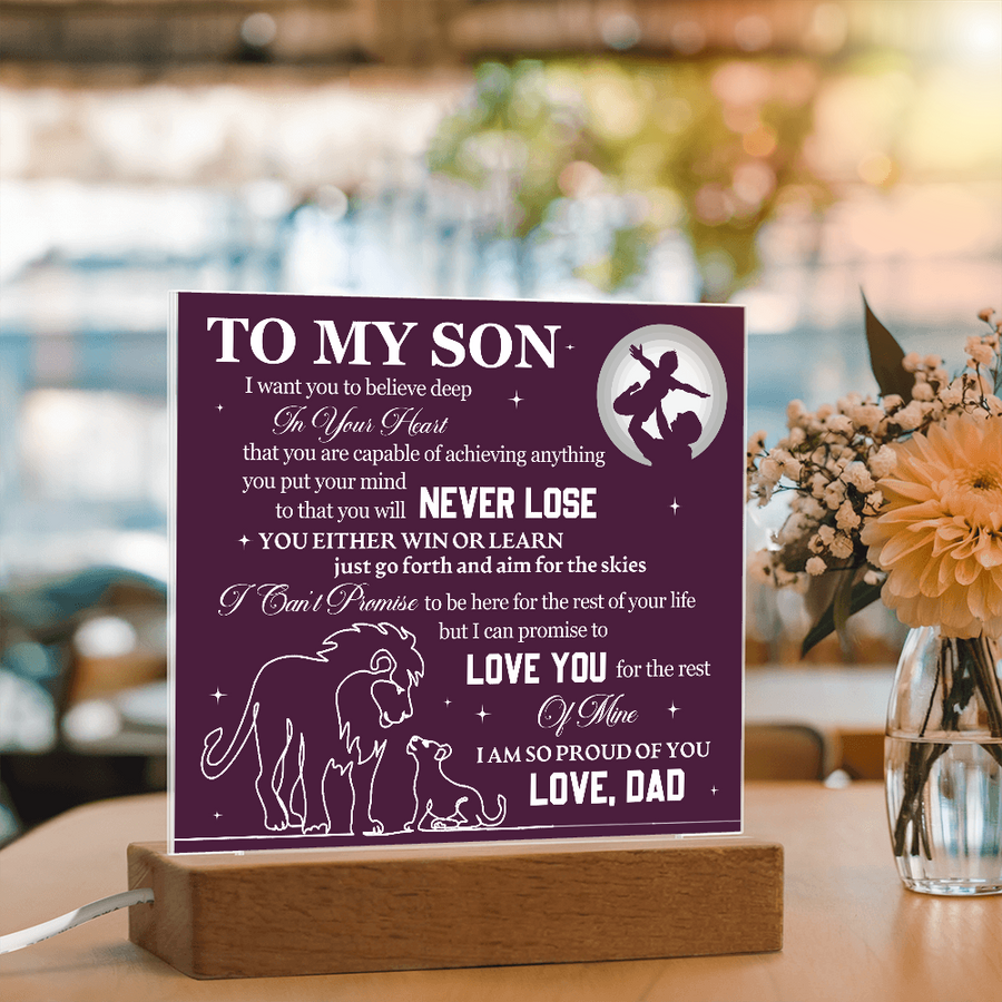 To My Son Printed Acrylic Plaque with LED Base – Birthday, Graduation, Holiday Gift