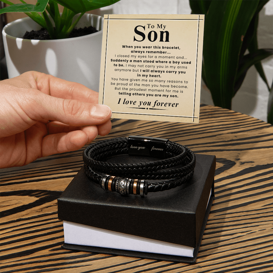 Gift for Son – Braided Leather Bracelet with Love You Forever Message, Infinity Symbol