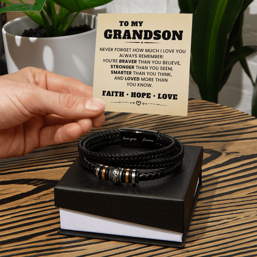 To My Grandson Love You Forever Leather Bracelet Gift for Birthday, Christmas, Graduation