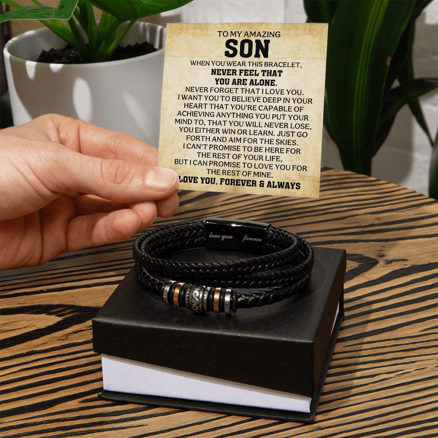 To My Son Bracelet – Love You Forever Engraved Braided Leather Bracelet Gift for Men