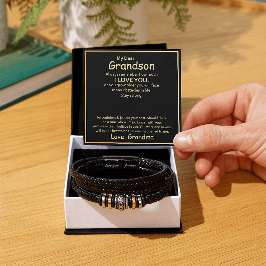 To My Grandson Leather Bracelet – Birthday, Christmas, Graduation Gift with Love Message