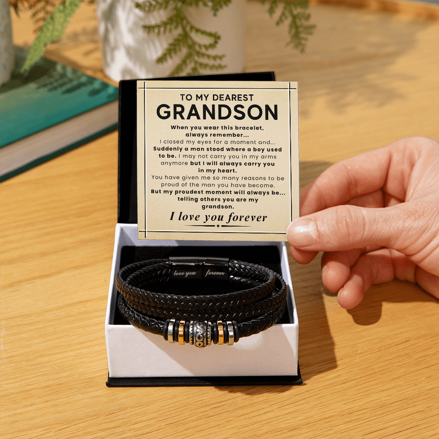 Gift for Grandson – Braided Leather Bracelet with Love You Forever Message, Infinity Symbol