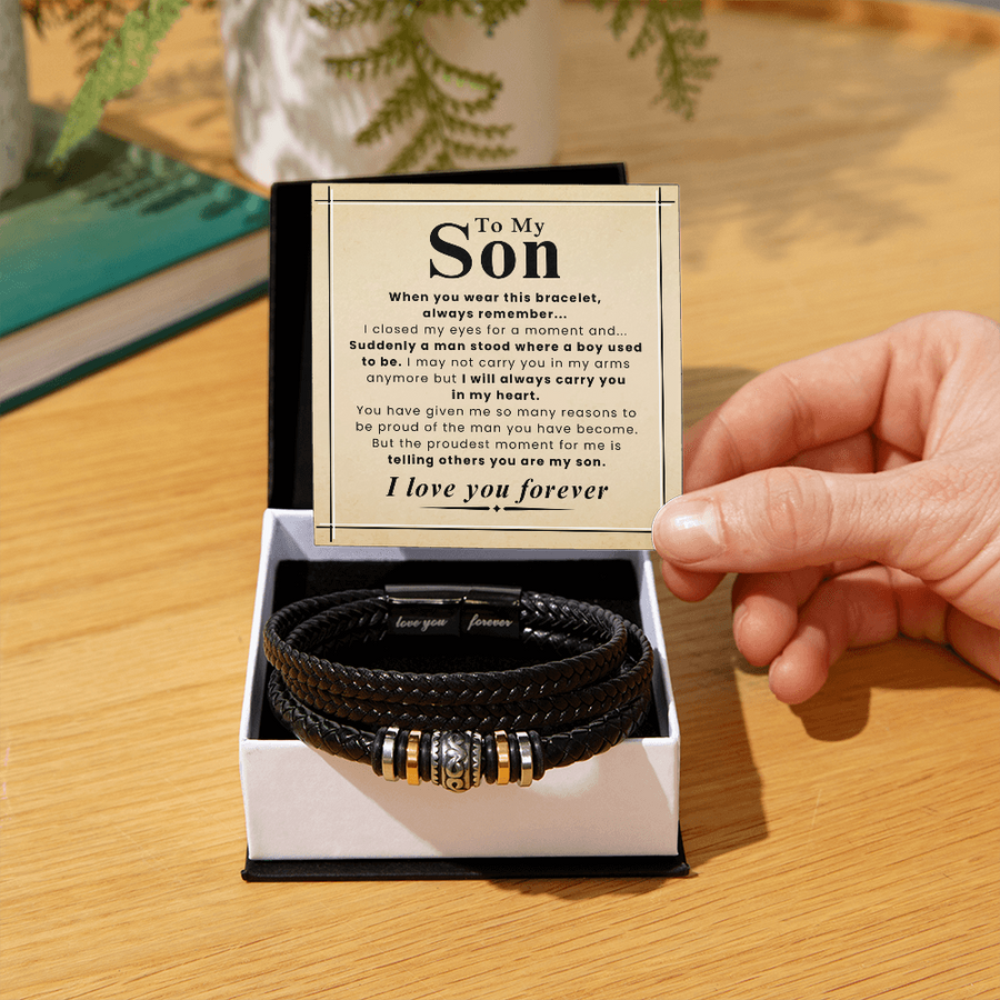 Gift for Son – Braided Leather Bracelet with Love You Forever Message, Infinity Symbol