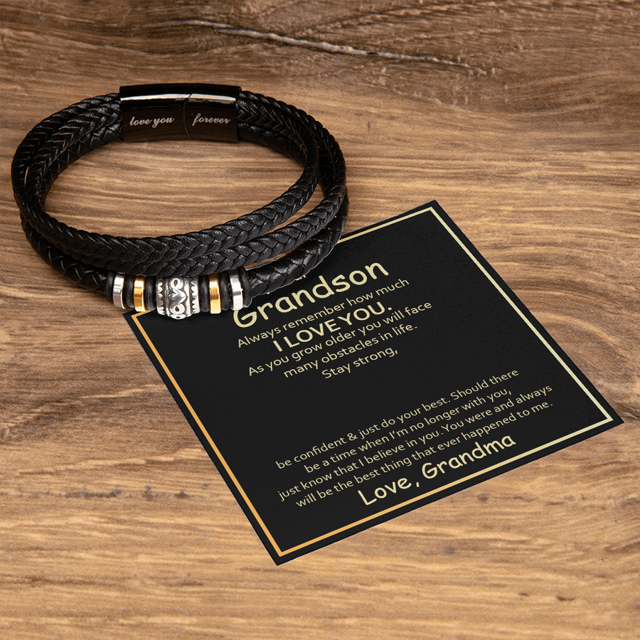 To My Grandson Leather Bracelet – Birthday, Christmas, Graduation Gift with Love Message