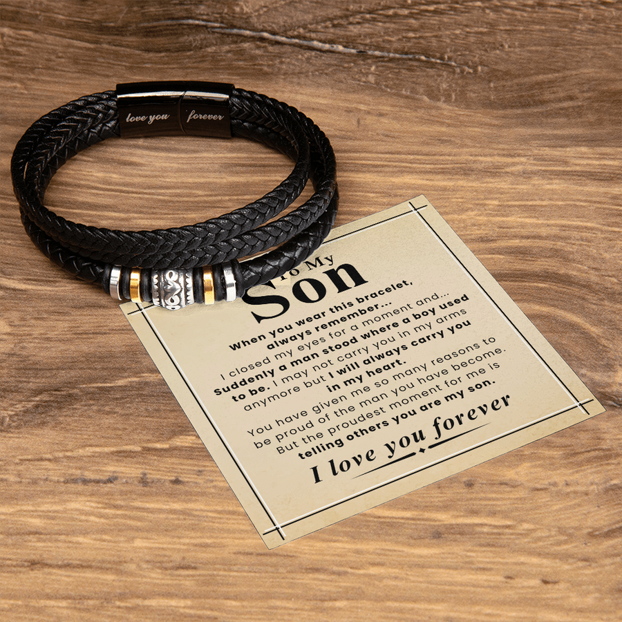 Gift for Son – Braided Leather Bracelet with Love You Forever Message, Infinity Symbol