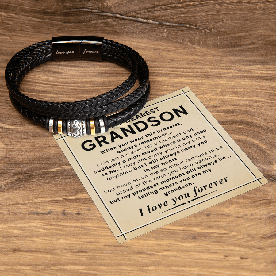 Gift for Grandson – Braided Leather Bracelet with Love You Forever Message, Infinity Symbol
