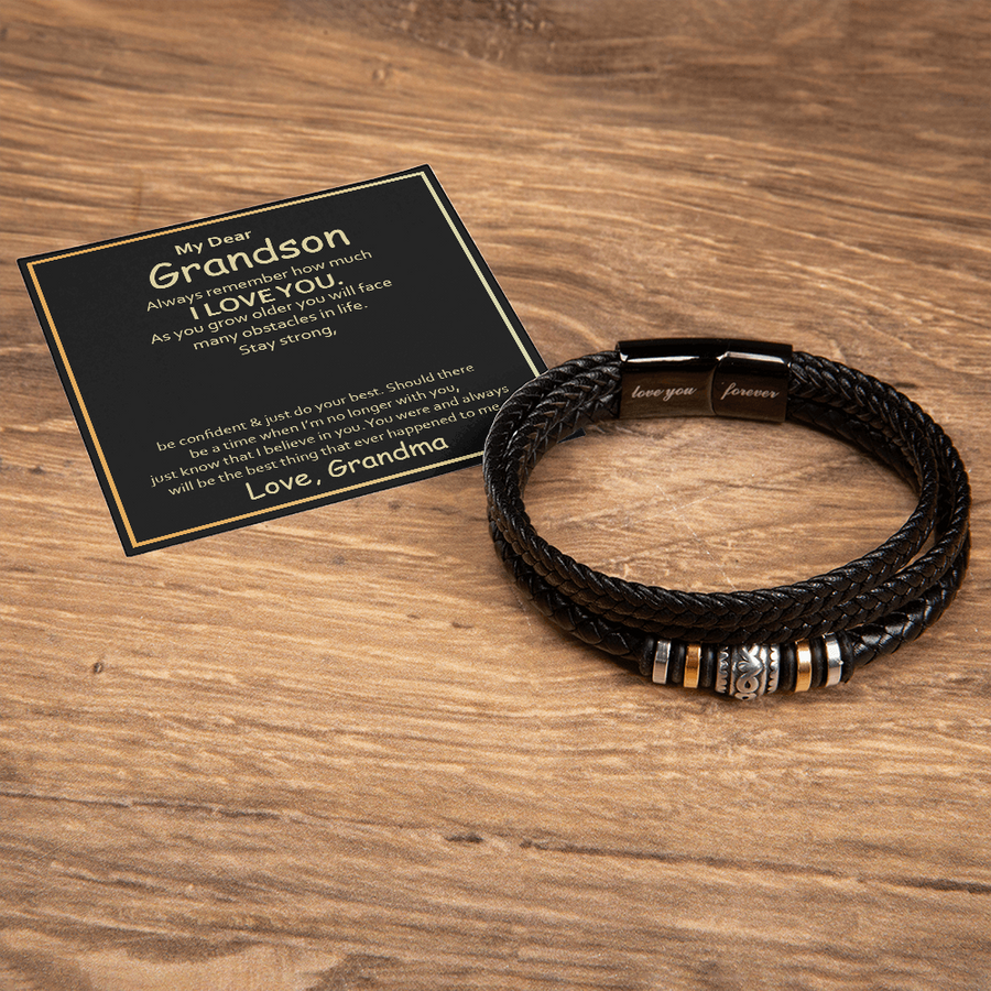 To My Grandson Leather Bracelet – Birthday, Christmas, Graduation Gift with Love Message