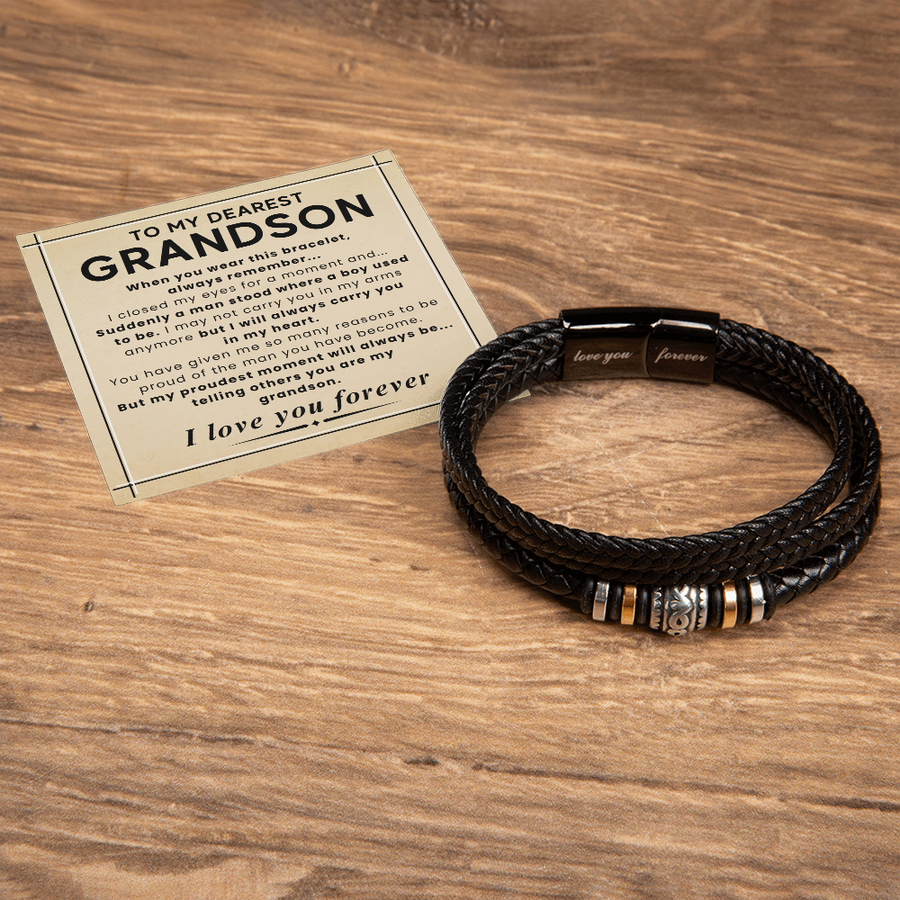 Gift for Grandson – Braided Leather Bracelet with Love You Forever Message, Infinity Symbol