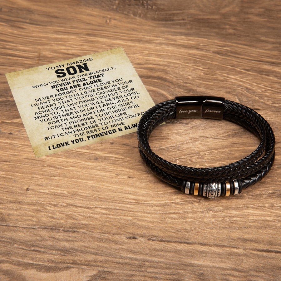To My Son Bracelet – Love You Forever Engraved Braided Leather Bracelet Gift for Men