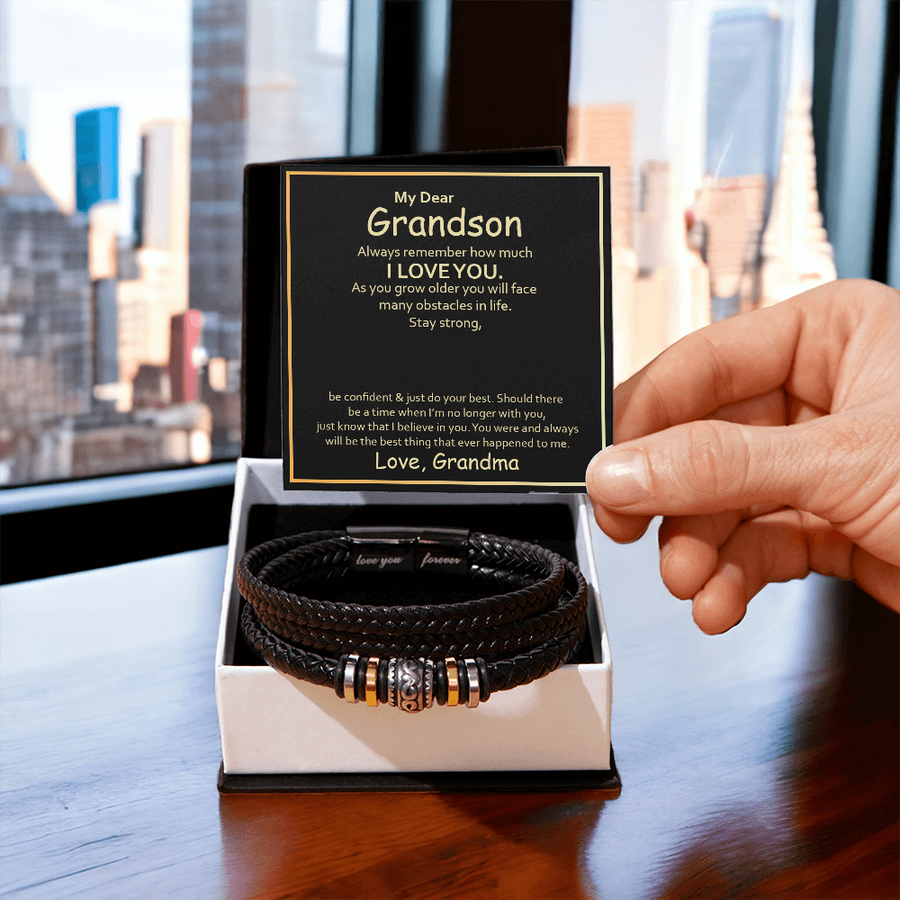 To My Grandson Leather Bracelet – Birthday, Christmas, Graduation Gift with Love Message