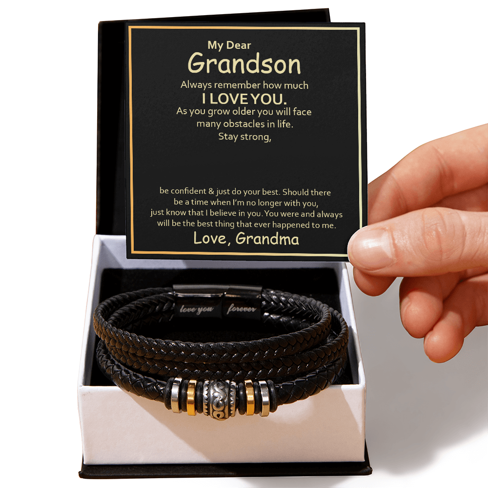 To My Grandson Leather Bracelet – Birthday, Christmas, Graduation Gift with Love Message