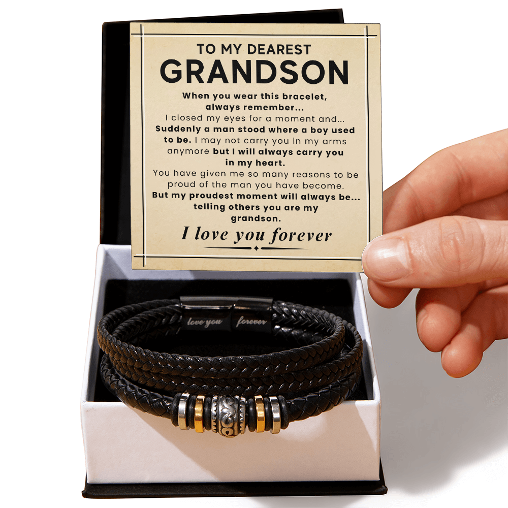 Gift for Grandson – Braided Leather Bracelet with Love You Forever Message, Infinity Symbol