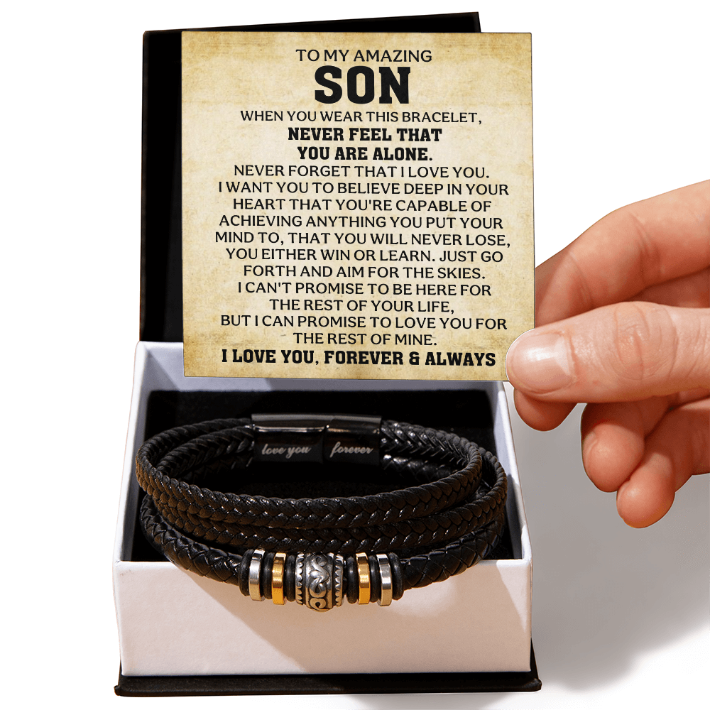 To My Son Bracelet – Love You Forever Engraved Braided Leather Bracelet Gift for Men