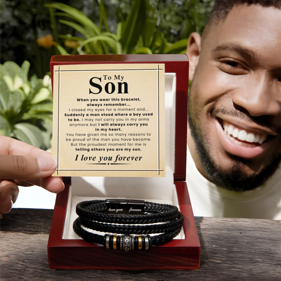 Gift for Son – Braided Leather Bracelet with Love You Forever Message, Infinity Symbol