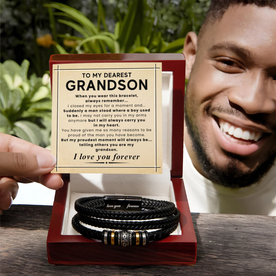 Gift for Grandson – Braided Leather Bracelet with Love You Forever Message, Infinity Symbol
