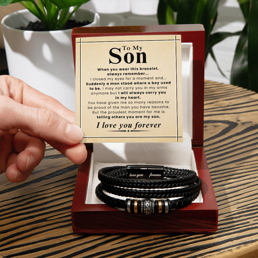 Gift for Son – Braided Leather Bracelet with Love You Forever Message, Infinity Symbol