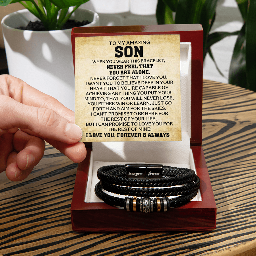 To My Son Bracelet – Love You Forever Engraved Braided Leather Bracelet Gift for Men