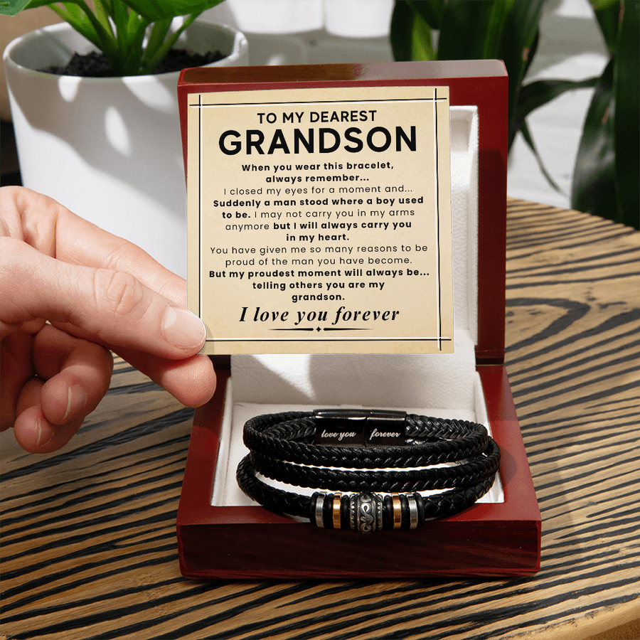 Gift for Grandson – Braided Leather Bracelet with Love You Forever Message, Infinity Symbol