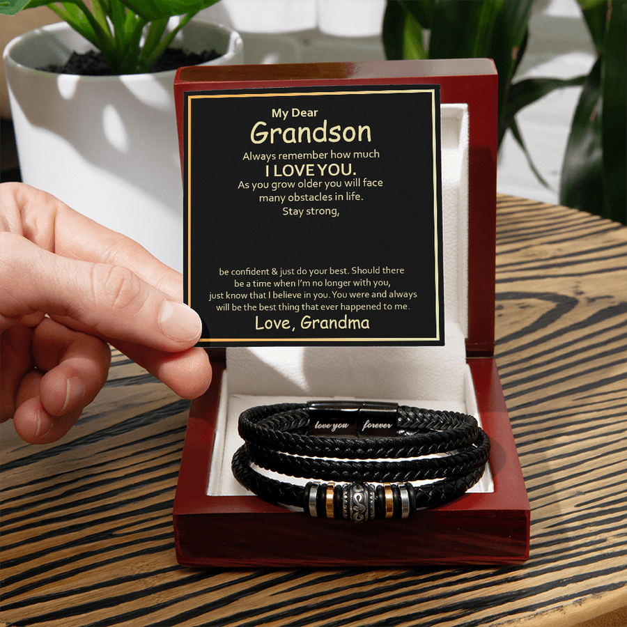 To My Grandson Leather Bracelet – Birthday, Christmas, Graduation Gift with Love Message