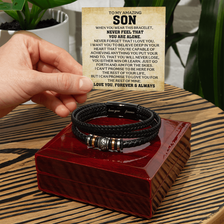 To My Son Bracelet – Love You Forever Engraved Braided Leather Bracelet Gift for Men