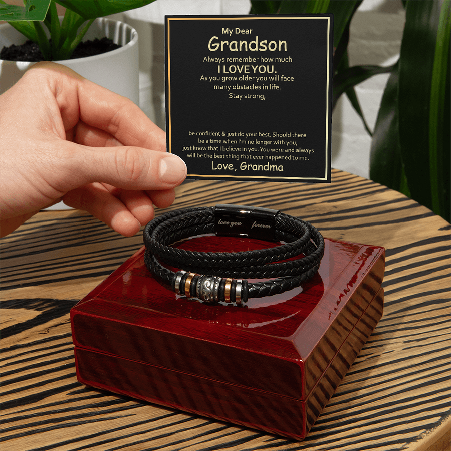 To My Grandson Leather Bracelet – Birthday, Christmas, Graduation Gift with Love Message