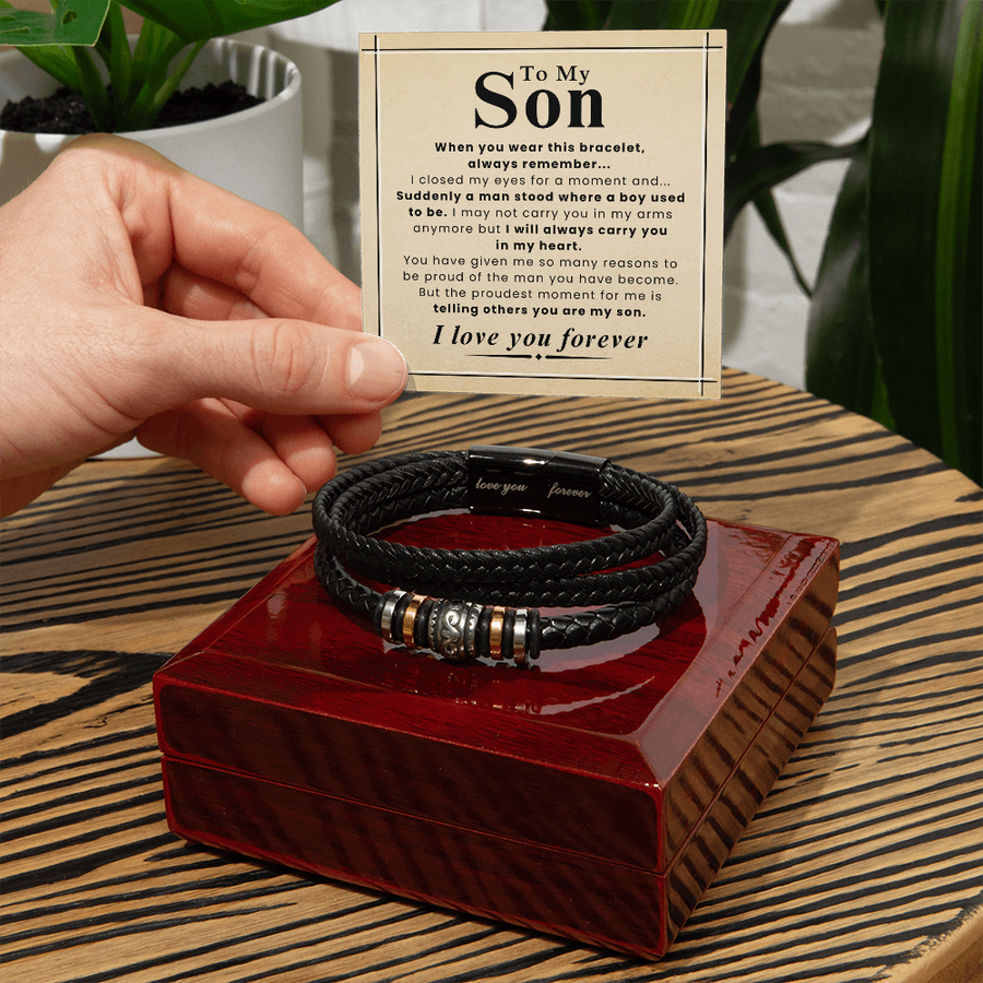 Gift for Son – Braided Leather Bracelet with Love You Forever Message, Infinity Symbol