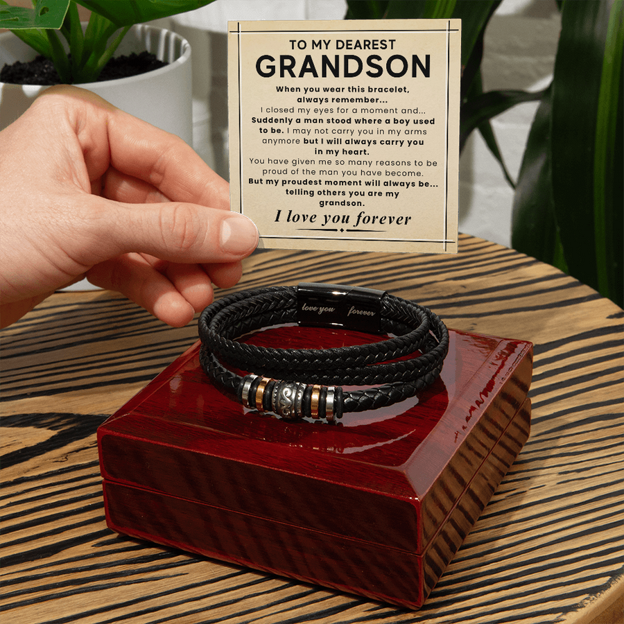 Gift for Grandson – Braided Leather Bracelet with Love You Forever Message, Infinity Symbol