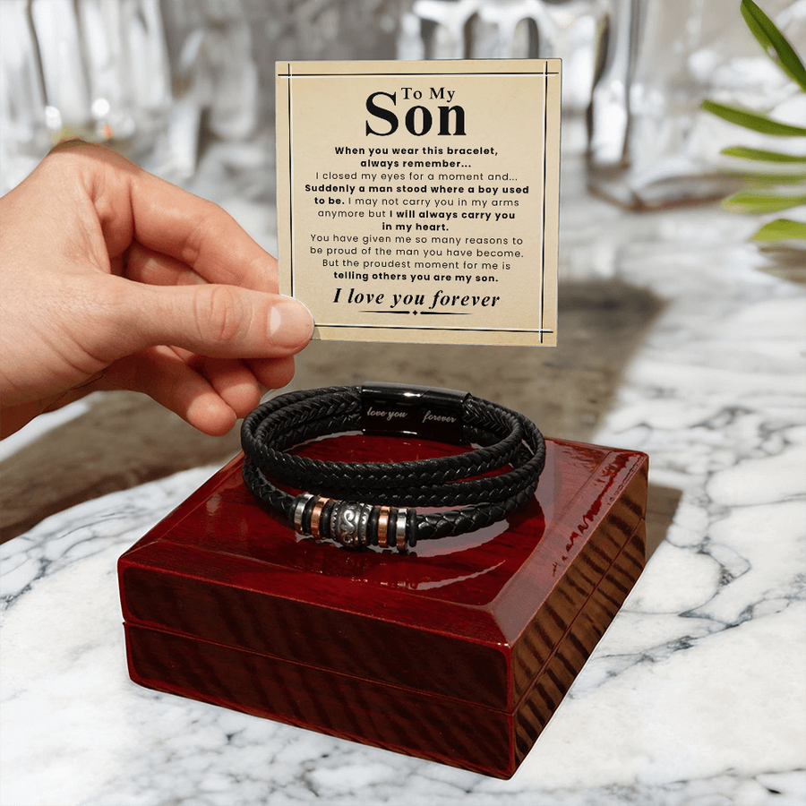 Gift for Son – Braided Leather Bracelet with Love You Forever Message, Infinity Symbol