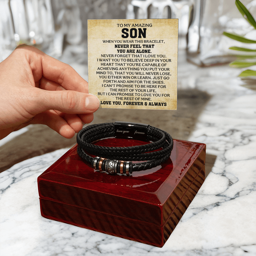 To My Son Bracelet – Love You Forever Engraved Braided Leather Bracelet Gift for Men