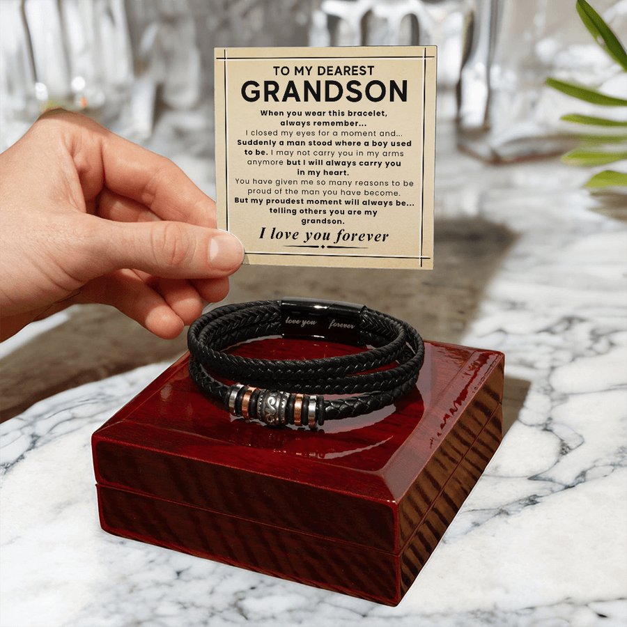 Gift for Grandson – Braided Leather Bracelet with Love You Forever Message, Infinity Symbol