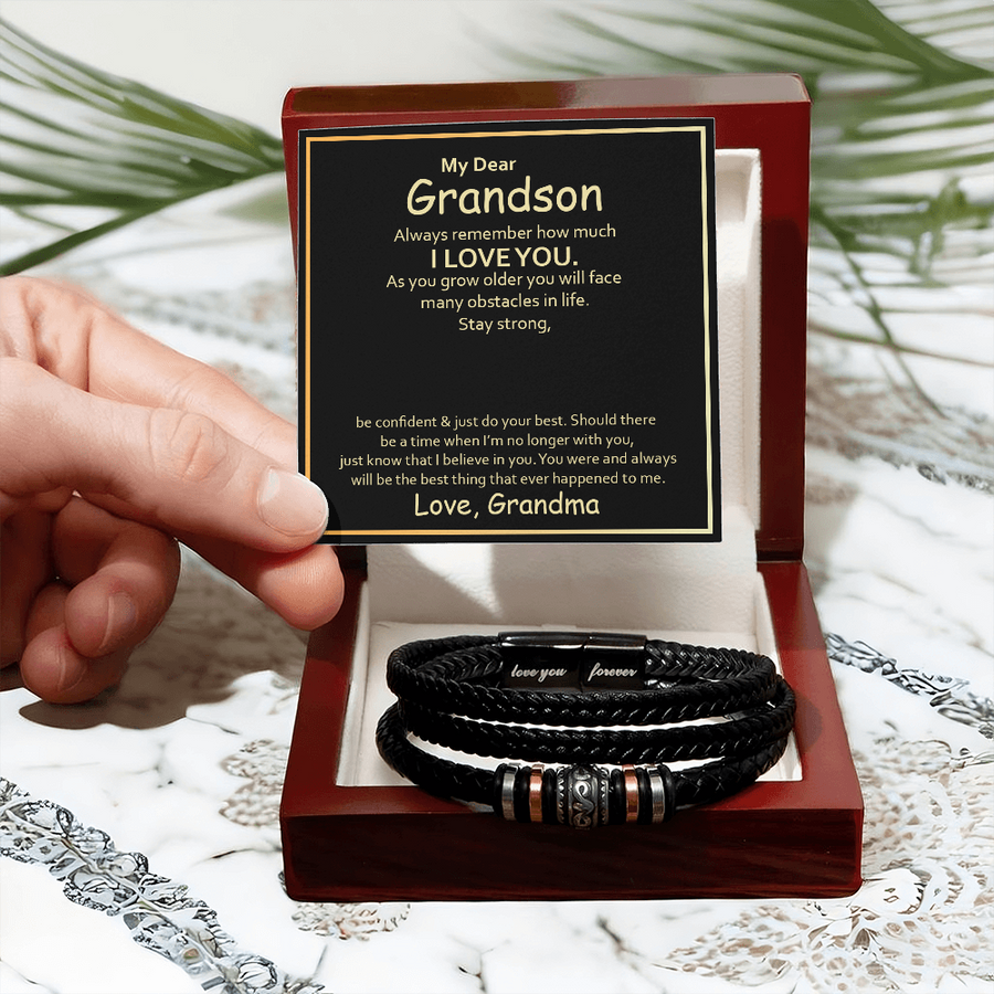 To My Grandson Leather Bracelet – Birthday, Christmas, Graduation Gift with Love Message