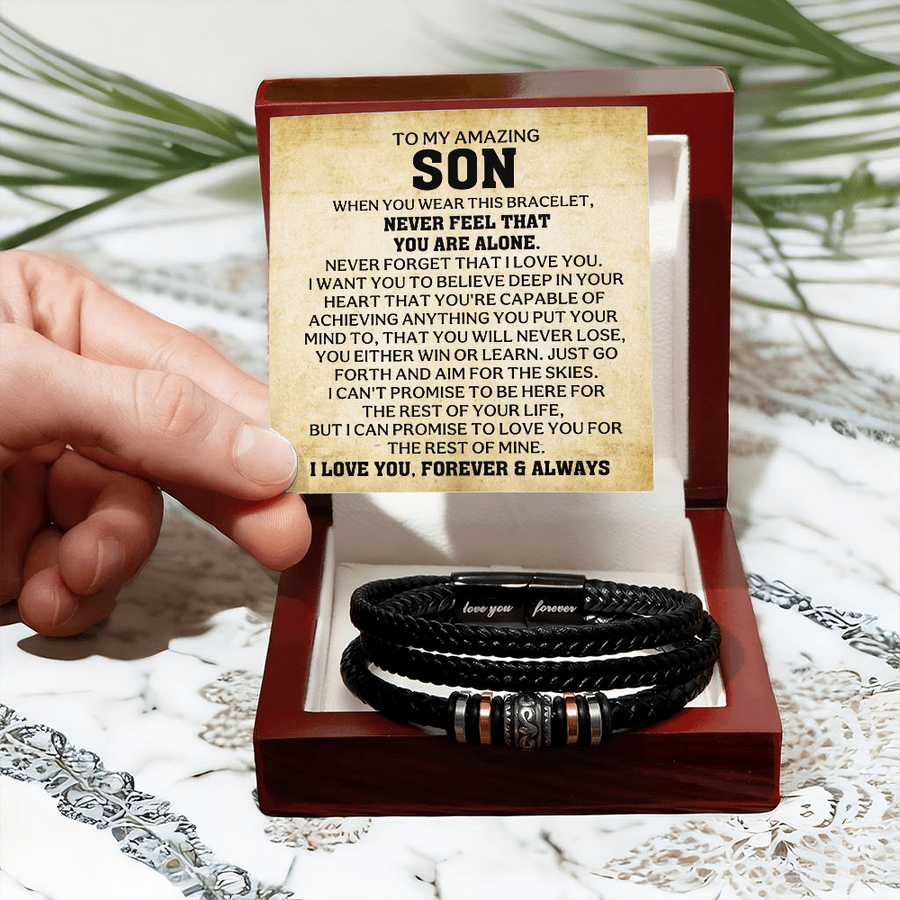 To My Son Bracelet – Love You Forever Engraved Braided Leather Bracelet Gift for Men