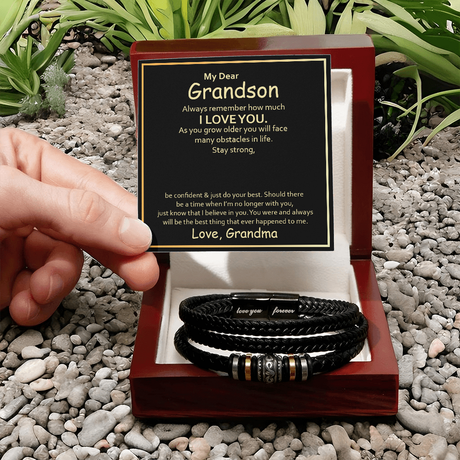 To My Grandson Leather Bracelet – Birthday, Christmas, Graduation Gift with Love Message
