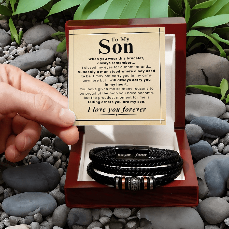 Gift for Son – Braided Leather Bracelet with Love You Forever Message, Infinity Symbol