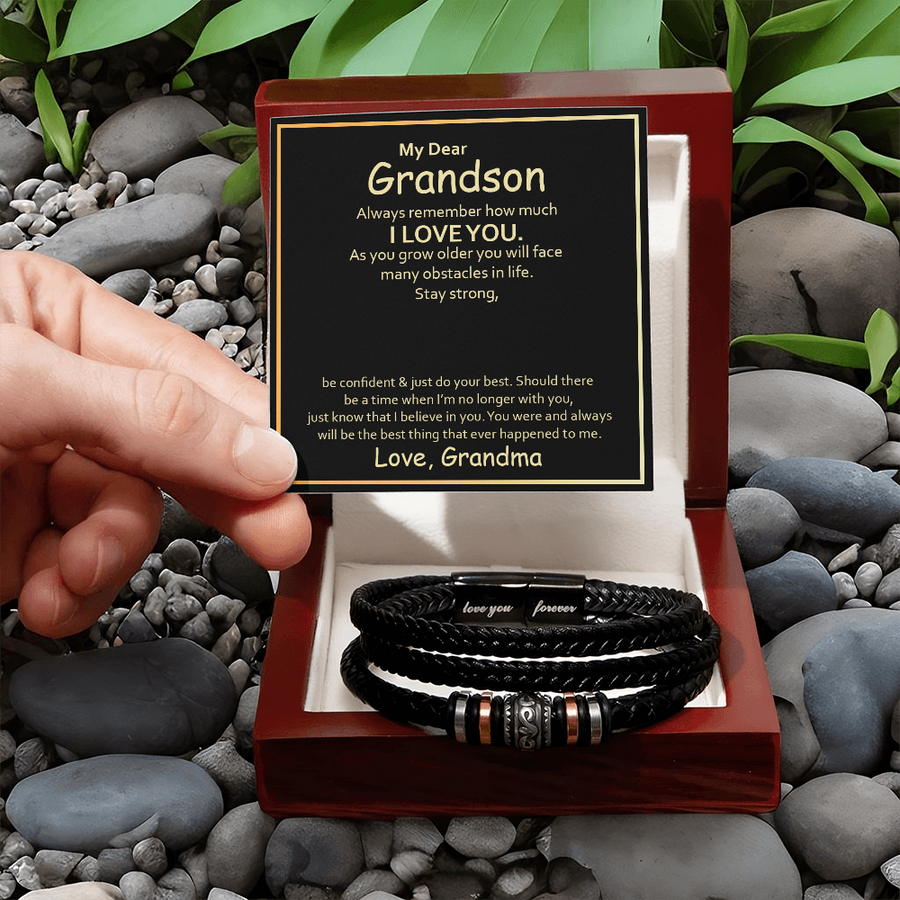 To My Grandson Leather Bracelet – Birthday, Christmas, Graduation Gift with Love Message