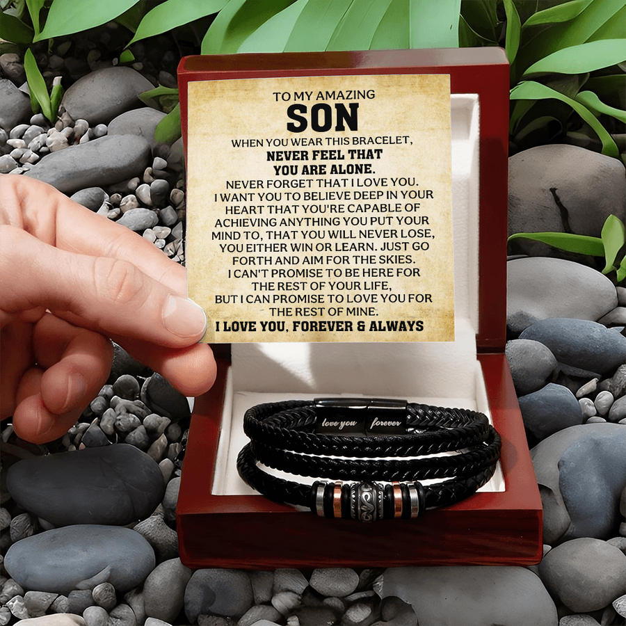 To My Son Bracelet – Love You Forever Engraved Braided Leather Bracelet Gift for Men