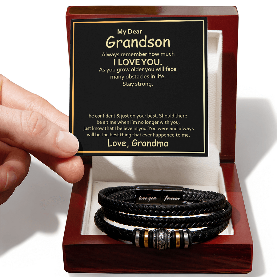 To My Grandson Leather Bracelet – Birthday, Christmas, Graduation Gift with Love Message