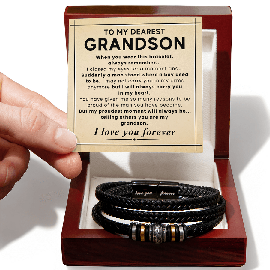 Gift for Grandson – Braided Leather Bracelet with Love You Forever Message, Infinity Symbol