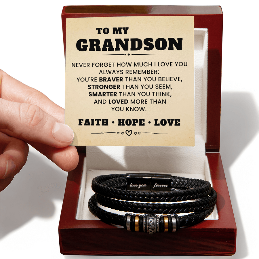 To My Grandson Love You Forever Leather Bracelet Gift for Birthday, Christmas, Graduation