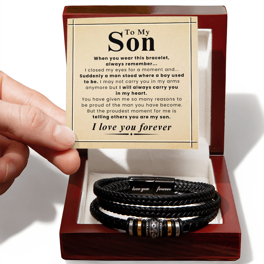 Gift for Son – Braided Leather Bracelet with Love You Forever Message, Infinity Symbol