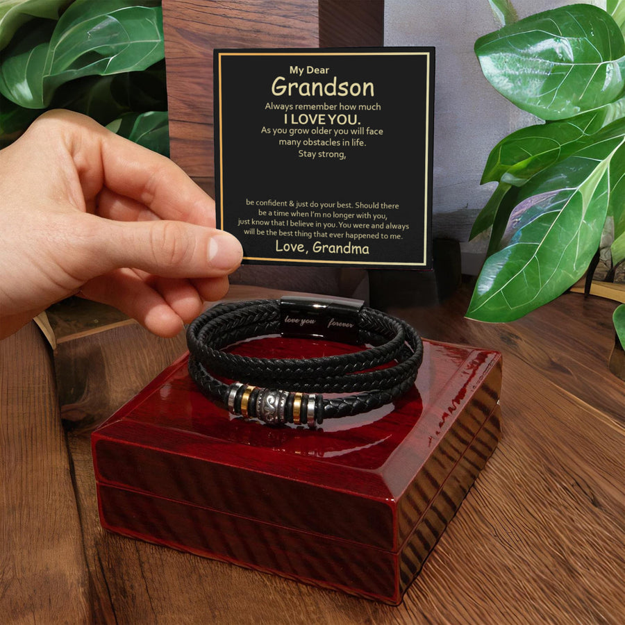 To My Grandson Leather Bracelet – Birthday, Christmas, Graduation Gift with Love Message